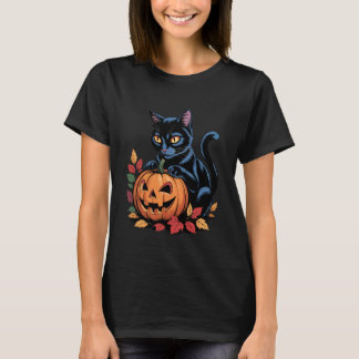 Funny Black Cat with Pumpkin Retro Halloween Trick T-Shirt