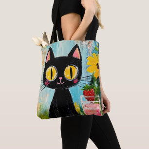 Funny Black Cat with Strawberry Tote Bag