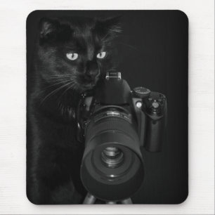 Funny Black Cat with the Camera Mouse Mat