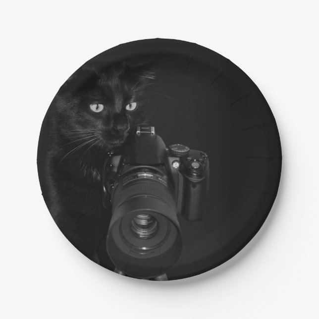 Funny Black Cat with the Camera Paper Plate (Front)