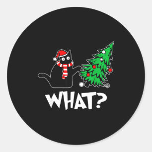 Funny Black Cat Xmas Pushing Christmas Tree Over C Classic Round Sticker