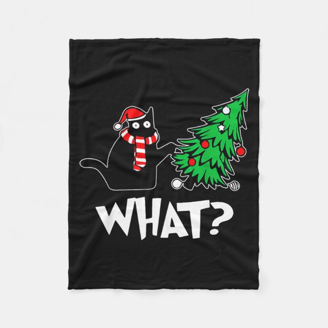 Funny Black Cat Xmas Pushing Christmas Tree Over C Fleece Blanket (Front)