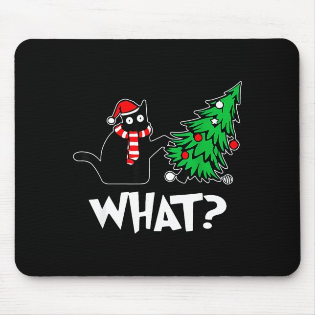 Funny Black Cat Xmas Pushing Christmas Tree Over C Mouse Mat (Front)