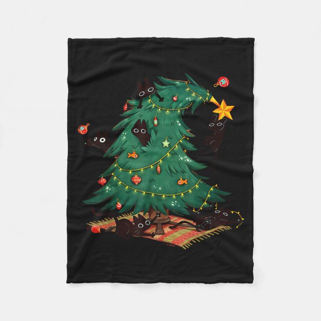 Funny Black Cats Christmas Xmas Tree Family Pajama Fleece Blanket (Front)