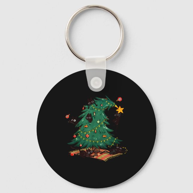 Funny Black Cats Christmas Xmas Tree Family Pajama Key Ring (Front)