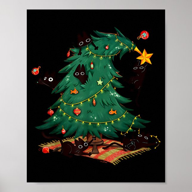 Funny Black Cats Christmas Xmas Tree Family Pajama Poster (Front)