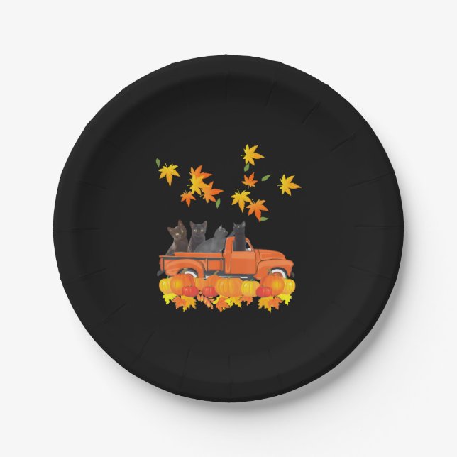 Funny Black Cats Truck Autumn Pumpkin Maple Leaf Paper Plate (Front)