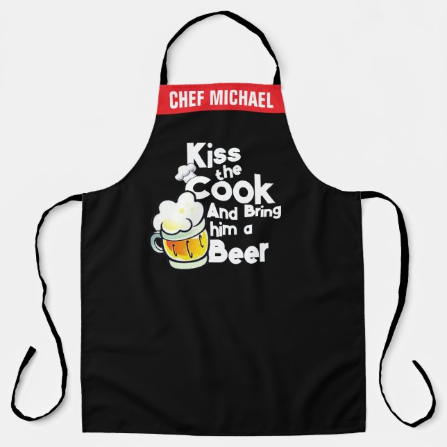 Funny Black Chef Apron for Men, Kiss the Cook (Front)