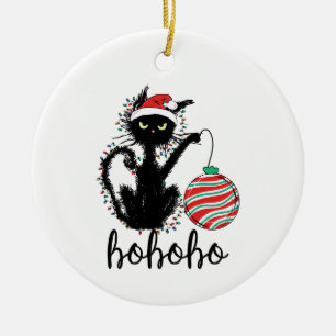 Funny Black Christmas Light Cat HoHoHo Ceramic Tree Decoration