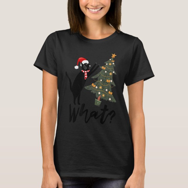 Funny Black Cute Cat Pushing Christmas Tree Over C T-Shirt (Front)