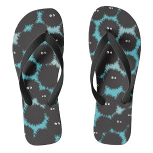 Funny black fluffy monsters flip flops