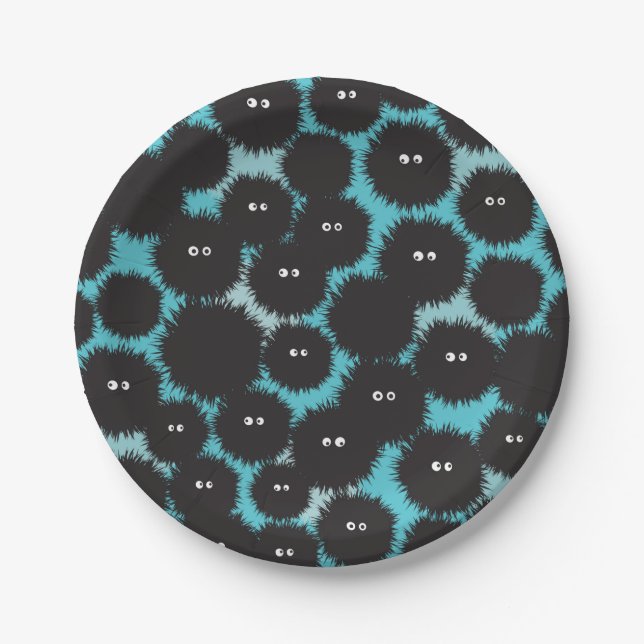 Funny black fluffy monsters  paper plate (Front)