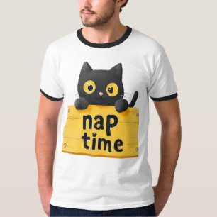 Funny Black Kitten Peeking Over Sign T-Shirt