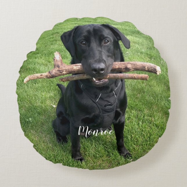 Funny Black Lab Pet Personalised Name and Photo  Round Cushion (Front)