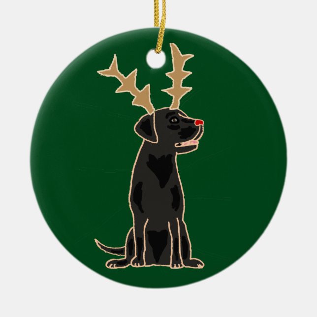 Funny Black Lab with Reindeer Antlers Christmas Ceramic Tree Decoration (Front)