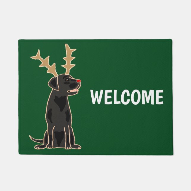 Funny Black Lab with Reindeer Antlers Christmas Doormat (Front)