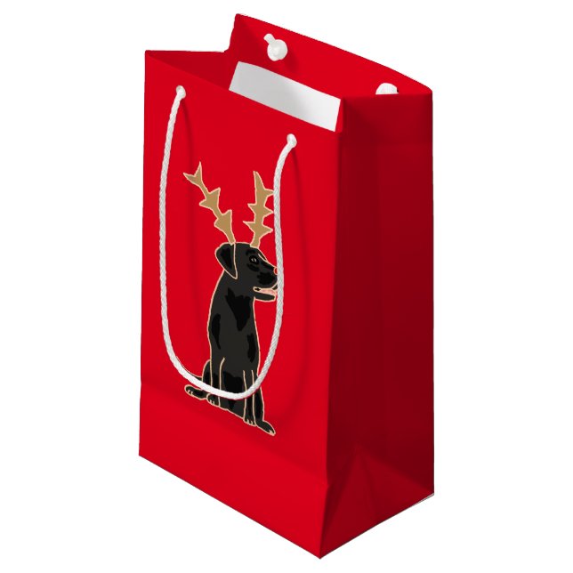 Funny Black Lab with Reindeer Antlers Christmas Small Gift Bag (Front Angled)