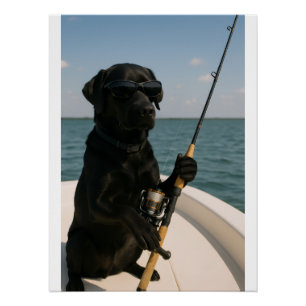 Funny Black Labrador Dog Fishing Poster