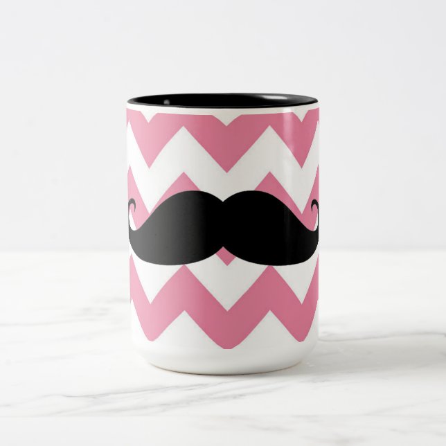Funny Black Moustache And Pink Chevron Pattern Two-Tone Coffee Mug (Center)