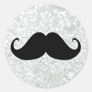 Funny Black Moustache And White Sparkle Bling Classic Round Sticker