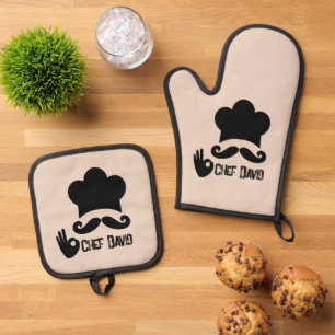 Funny Black Moustache Chef Custom Oven Mitt & Pot Holder Set