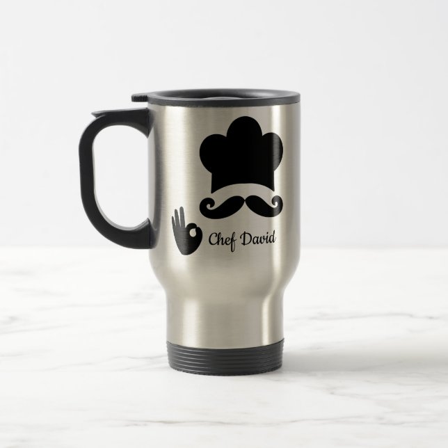 Funny Black Moustache Custom Text Name Hat Chef Travel Mug (Left)