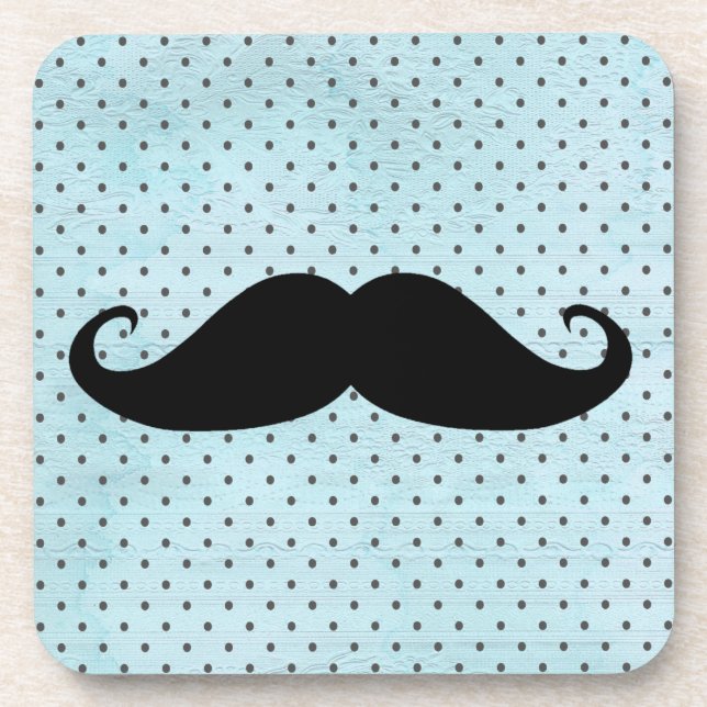 Funny Black Moustache On Teal Blue Polka Dots Coaster (Front)