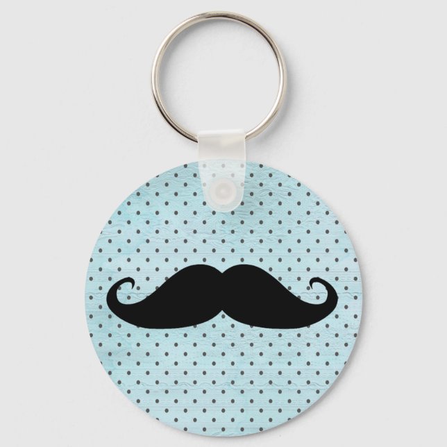 Funny Black Moustache On Teal Blue Polka Dots Key Ring (Front)