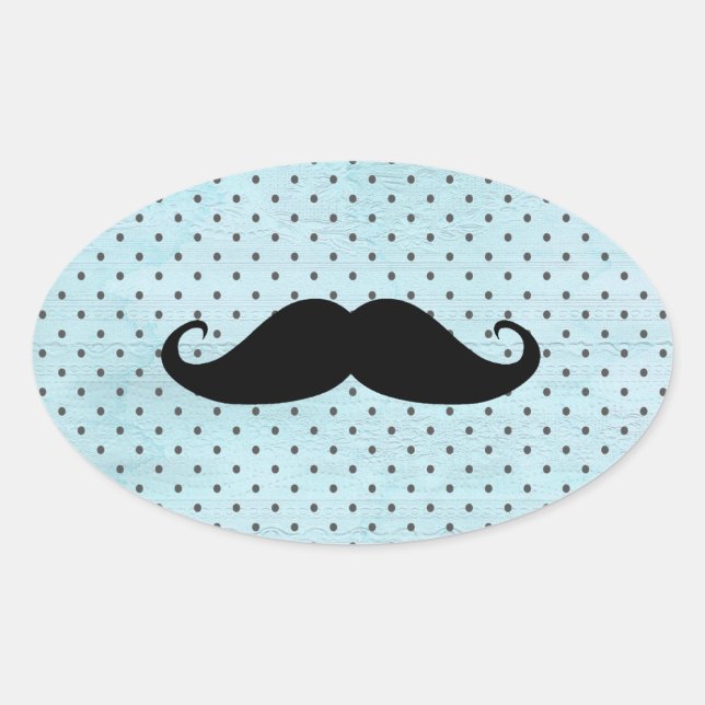 Funny Black Moustache On Teal Blue Polka Dots Oval Sticker (Front)