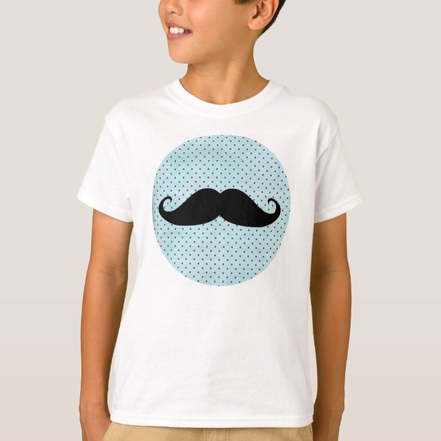 Funny Black Moustache On Teal Blue Polka Dots T-Shirt (Front)