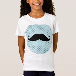 Funny Black Moustache On Teal Blue Polka Dots T-Shirt
