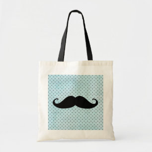Funny Black Moustache On Teal Blue Polka Dots Tote Bag