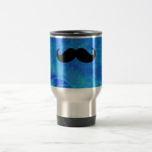 Funny Black Moustache on Vintage Blue Background Travel Mug