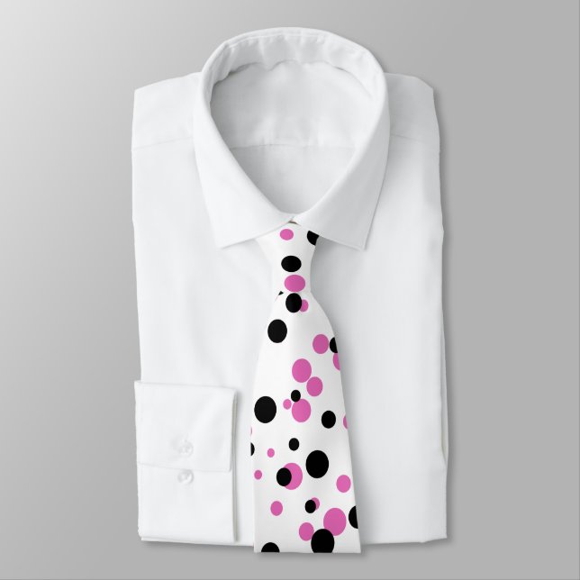 Funny Black Pink Confetti Polka Dots on White Tie (Tied)