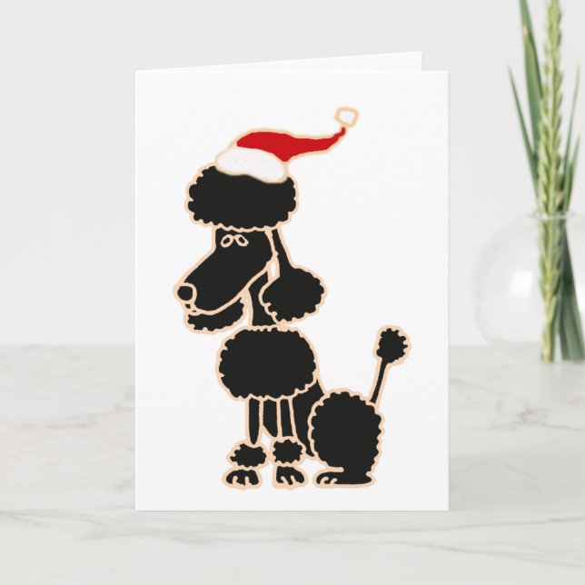 Funny Black Poodle in Santa Hat Christmas Art Holiday Card (Front)