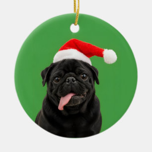 Funny Black Pug Santa Hat Tongue Out Christmas Ceramic Tree Decoration