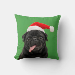 Funny Black Pug Santa Hat Tongue Out Christmas Cushion