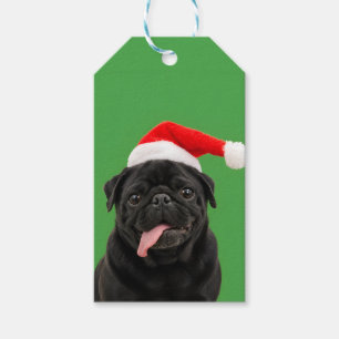 Funny Black Pug Santa Hat Tongue Out Christmas Gift Tags