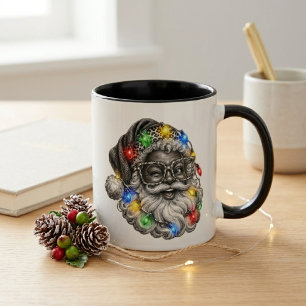 Funny Black Santa and His Sparkling Holiday Lights Mug