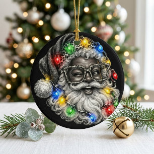 Funny Black Santa with Twinkling Christmas Lights Ceramic Tree Decoration
