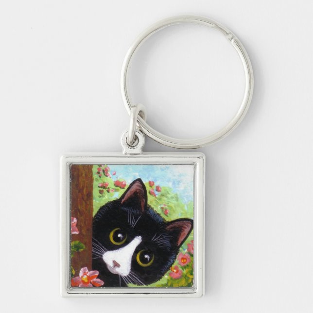 Funny Black Tuxedo Cat Creationarts Key Ring (Front)