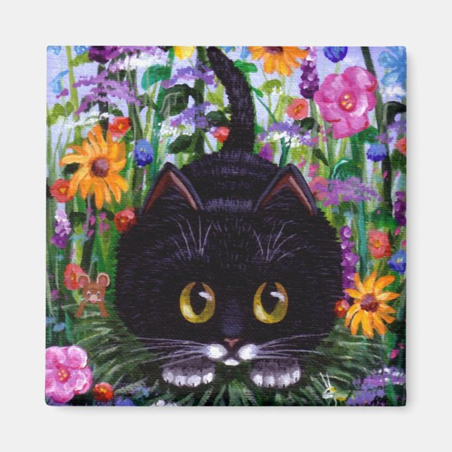 Funny Black Tuxedo Cat Flowers Creationarts Magnet (Front)