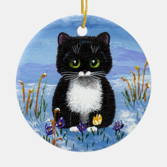 Funny Black Tuxedo Cat Winter Snow Creationarts Ceramic Tree Decoration (Front)