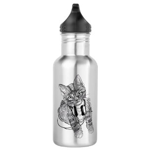 Funny Black & White Cat in Headphones illustration 532 Ml Water Bottle