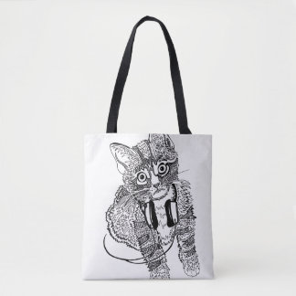 Funny Black & White Cat in Headphones illustration Tote Bag