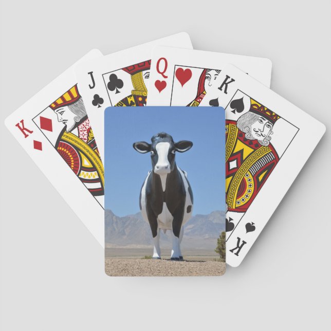 Funny Black White Dairy Cow Statue Desert Farm Playing Cards (Back)