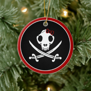 Funny Black White Jolly Kitty Pirate Skull Bones Ceramic Tree Decoration