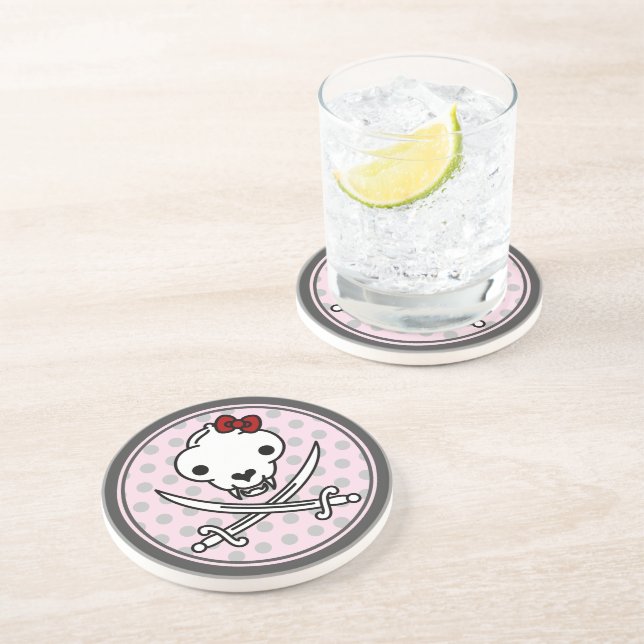 Funny Black White Jolly Kitty Pirate Skull Bones Coaster (Side)