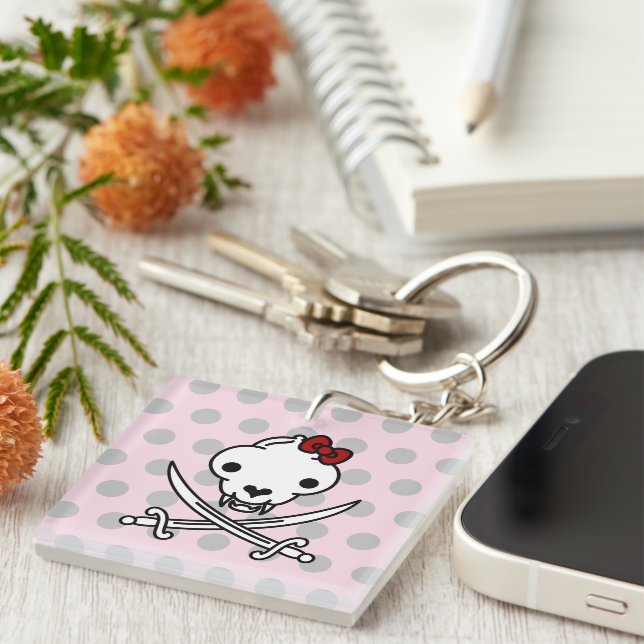 Funny Black White Jolly Kitty Pirate Skull Bones Key Ring (Front Right)