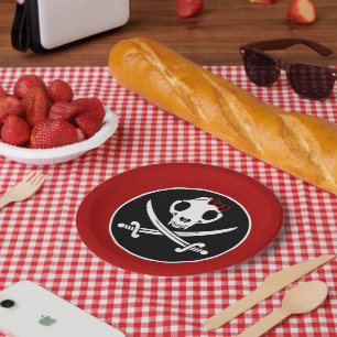 Funny Black White Jolly Kitty Pirate Skull Bones Paper Plate